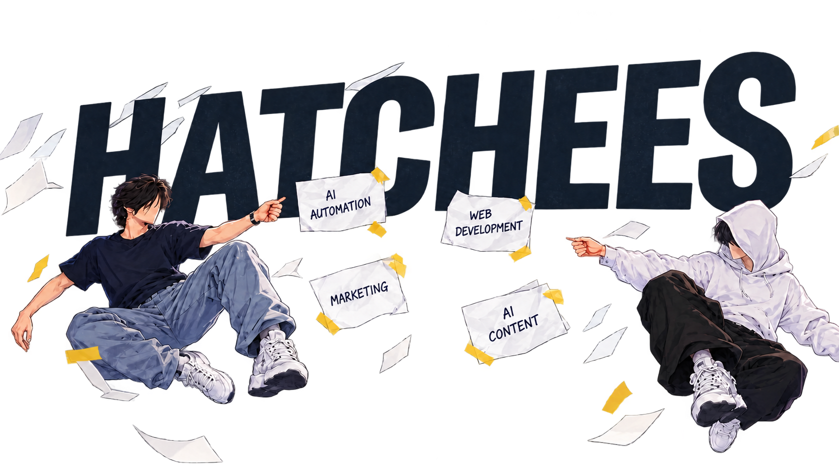 Two faceless illustrated founders holding a red thread connecting four paper service notes beneath HATCHEES