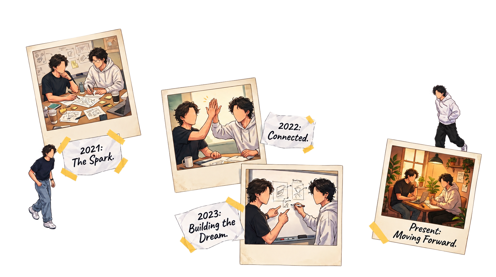 2021: The Spark. Two faceless illustrated founders creating together.